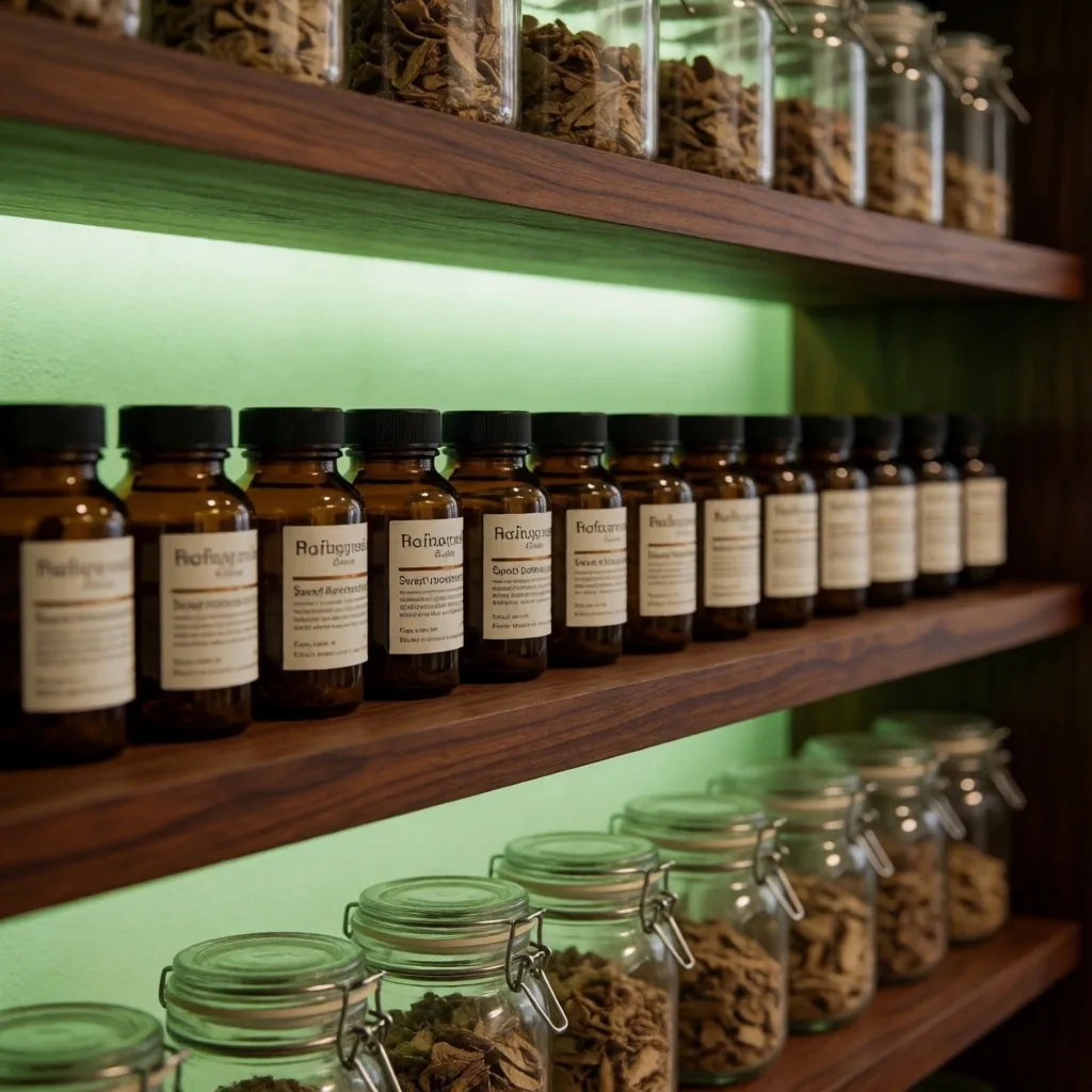 Apothecary shelves with natural supplement bottles