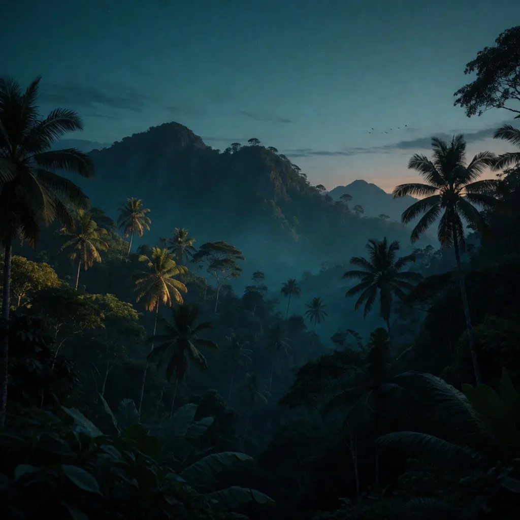 Indonesian botanical canopy at dusk
