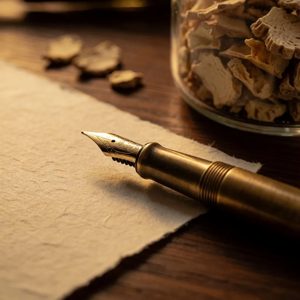 Brass pen on aged parchment with ginger root jar on a dark teak desk