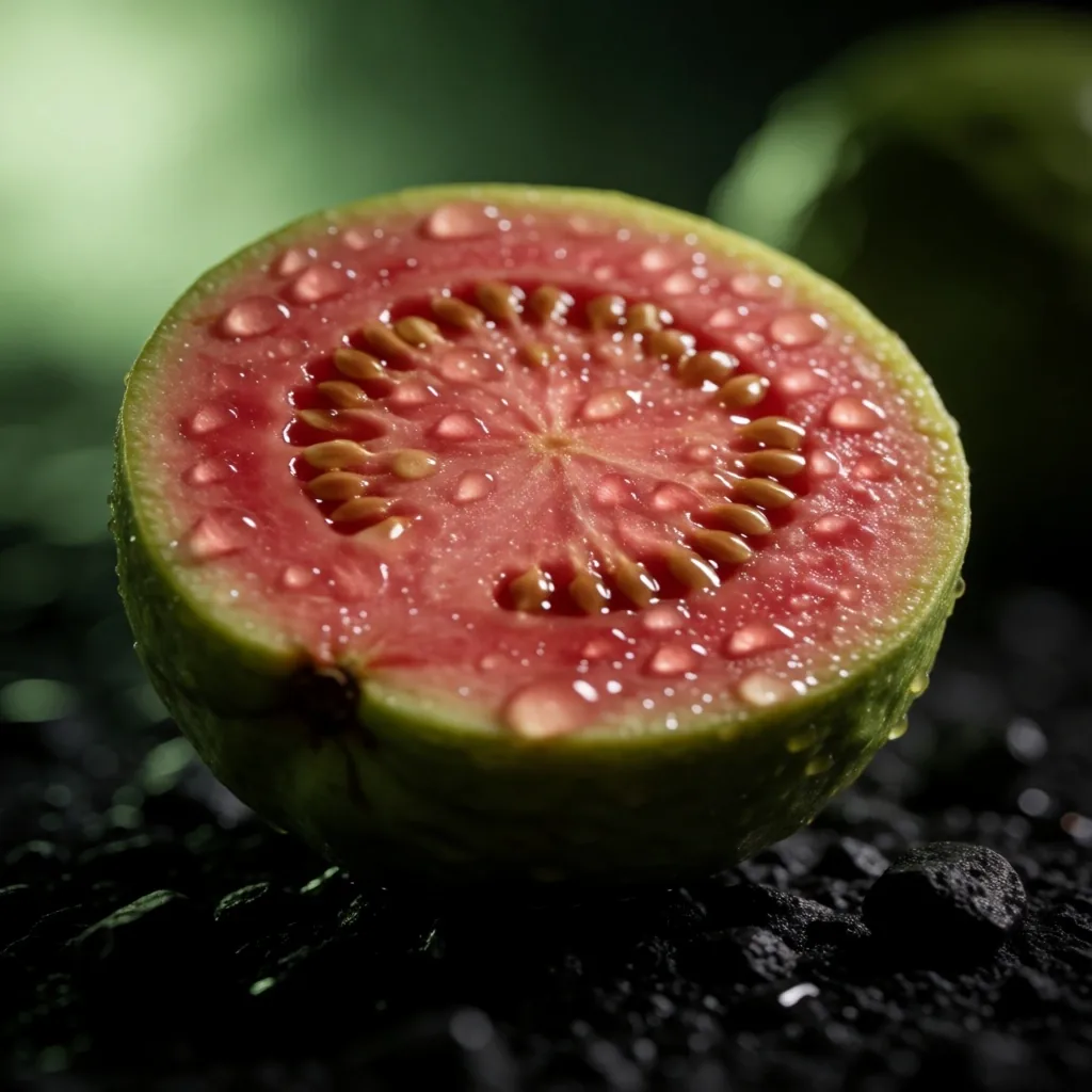 Fresh guava fruit cross-section on dark surface