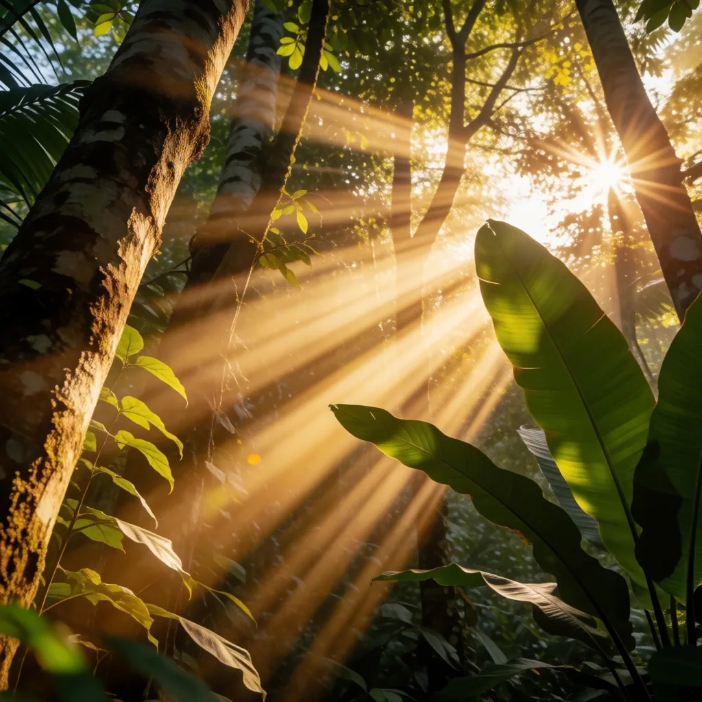 Golden sunlight filtering through tropical canopy