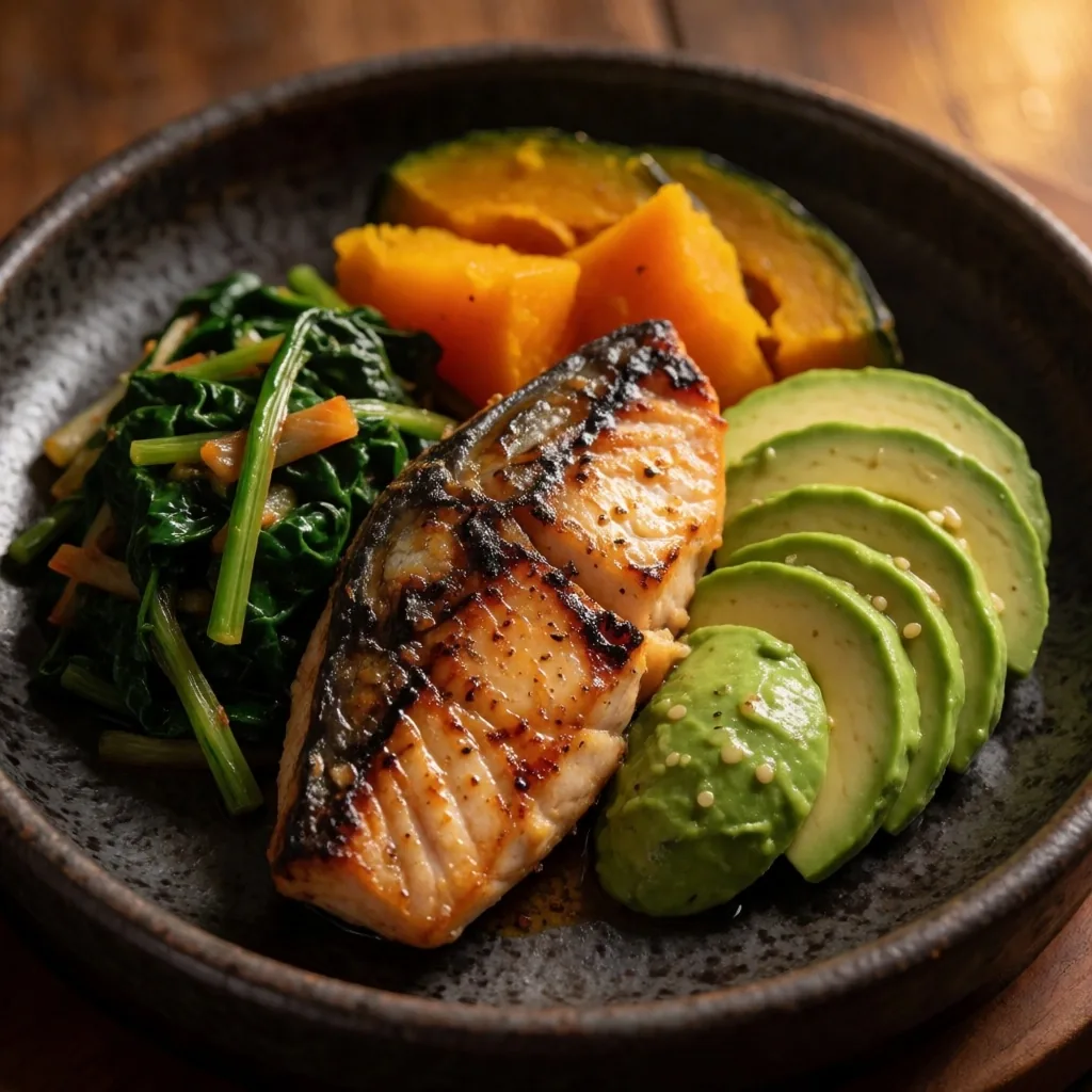 Balanced meal plate with healthy fats and vegetables on dark stoneware