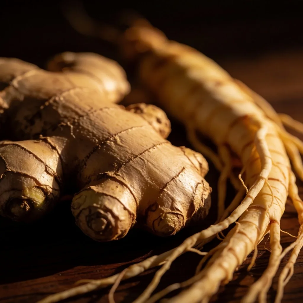 Fresh Indonesian botanical roots arranged on dark teak under golden light
