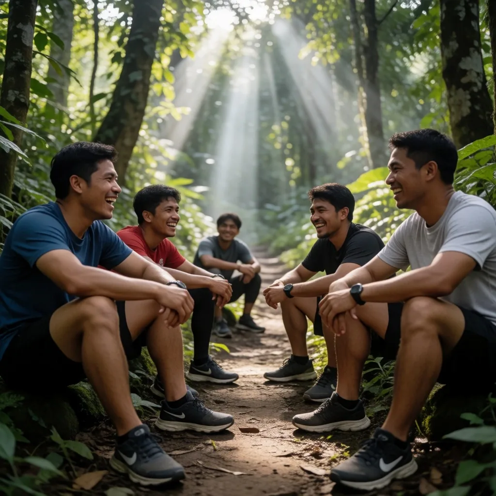 Group of men resting on a forest trail after a morning hike