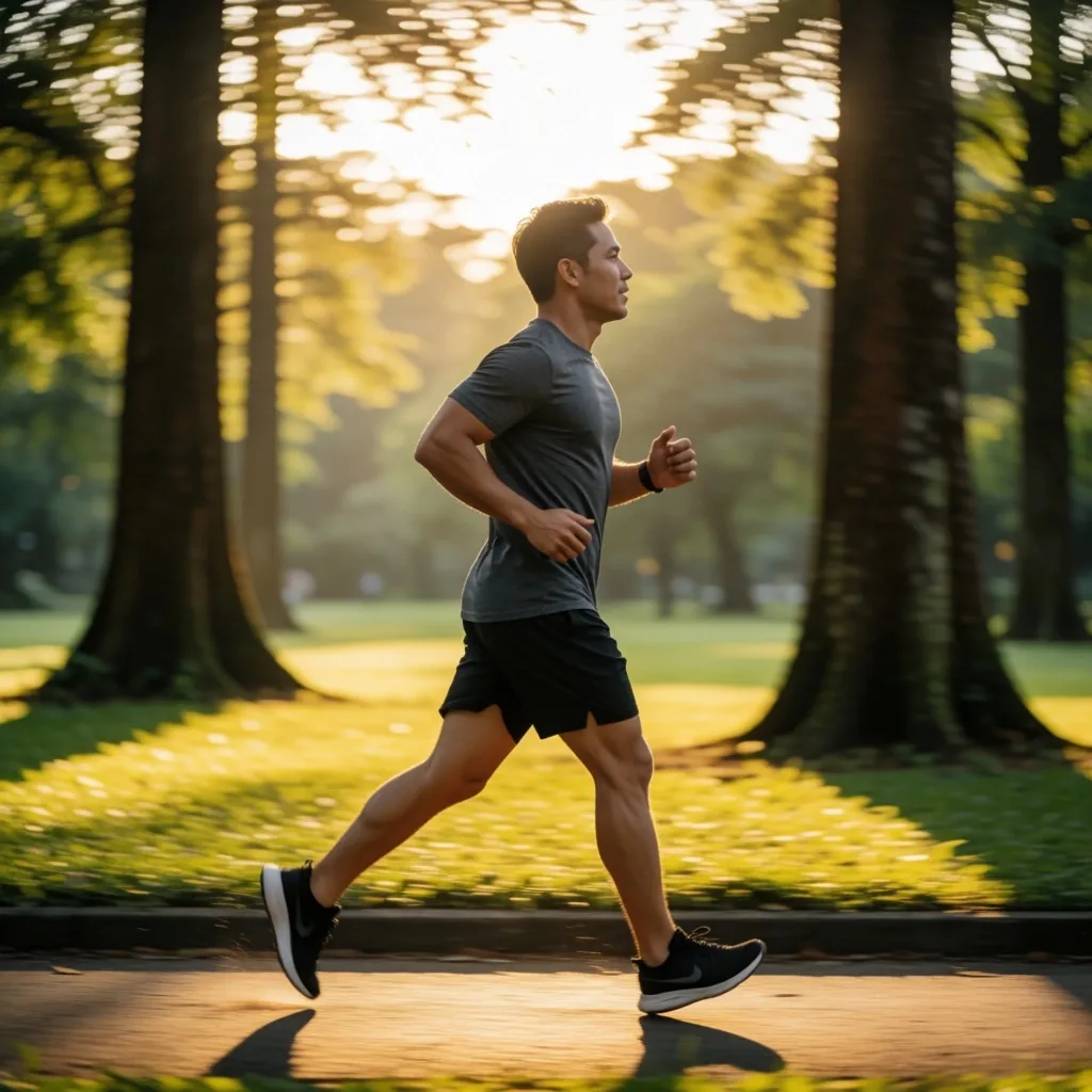 Man walking through a tree-lined park path at golden hour