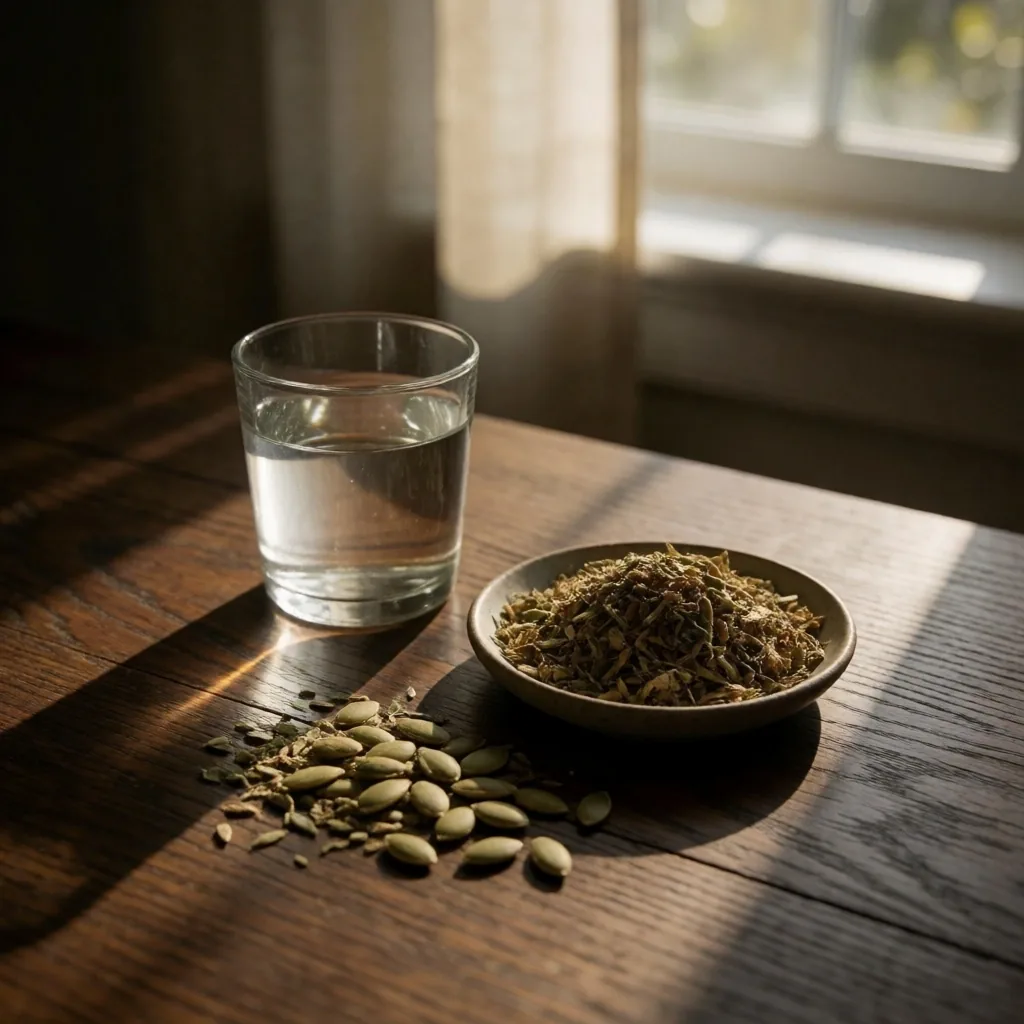 Morning wellness routine with herbs and water