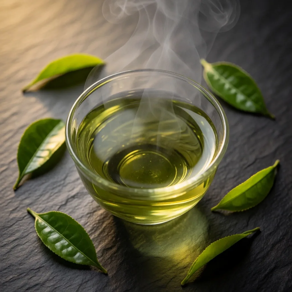 Green tea with scattered leaves