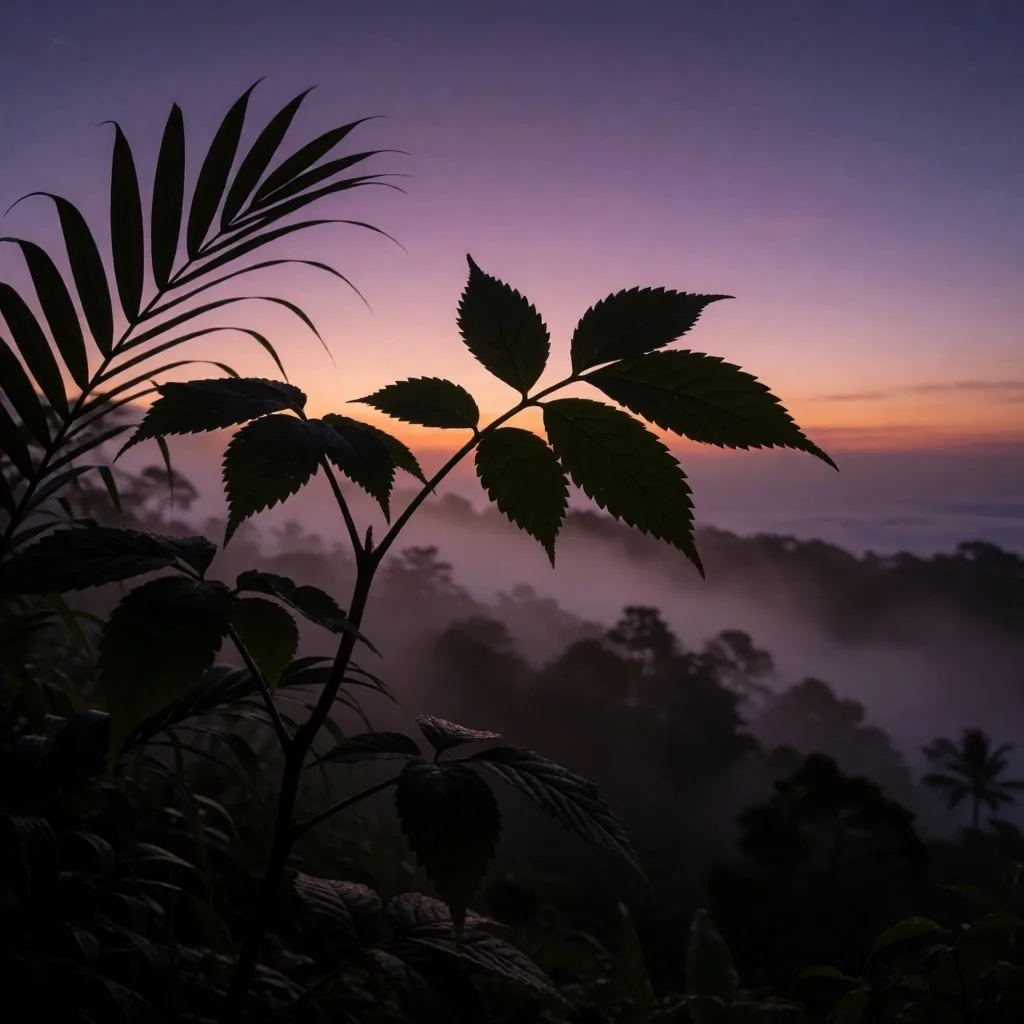Indonesian botanical silhouettes at dusk