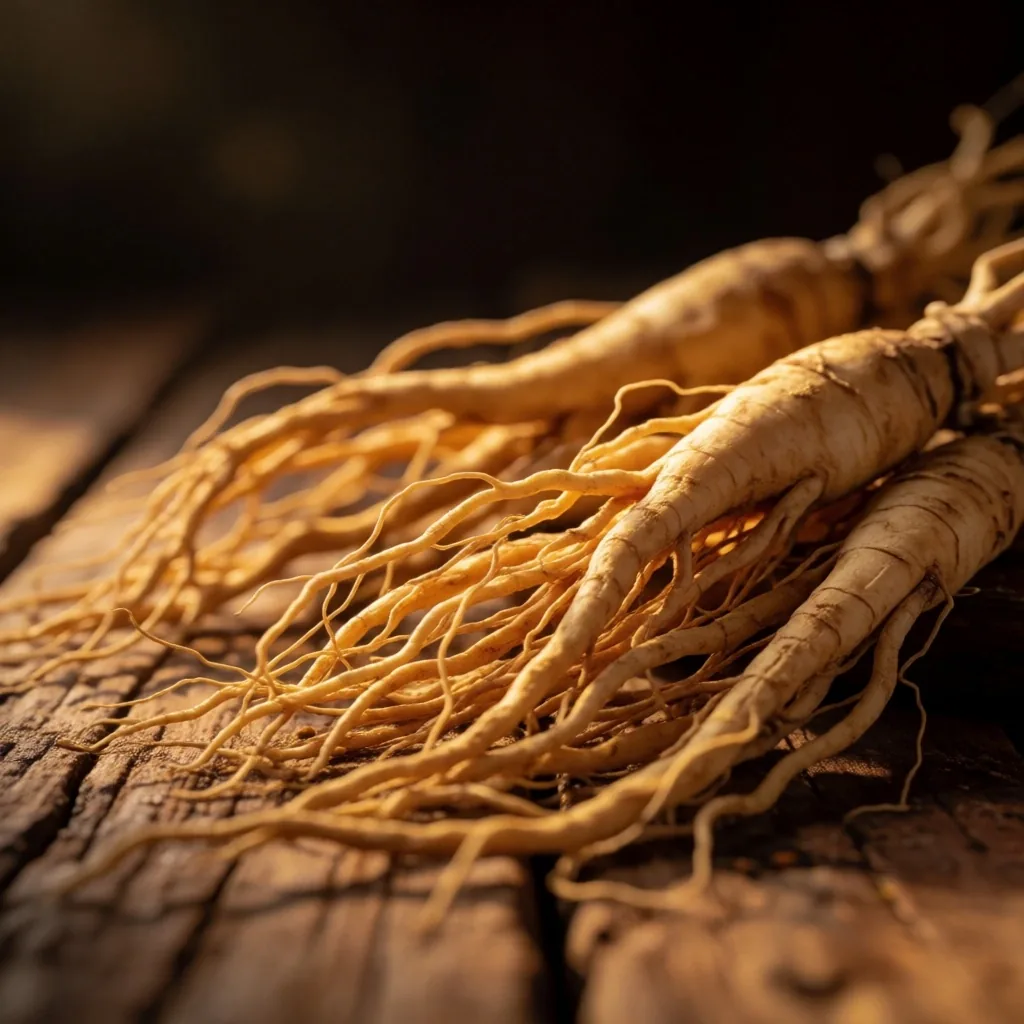 Panax Ginseng roots on teak