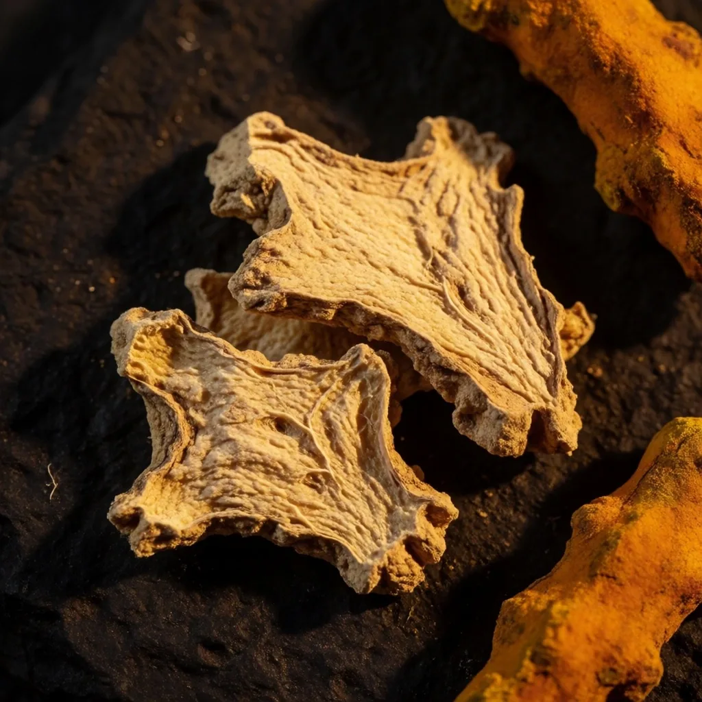 Dried Indonesian botanical roots on dark slate under warm low light