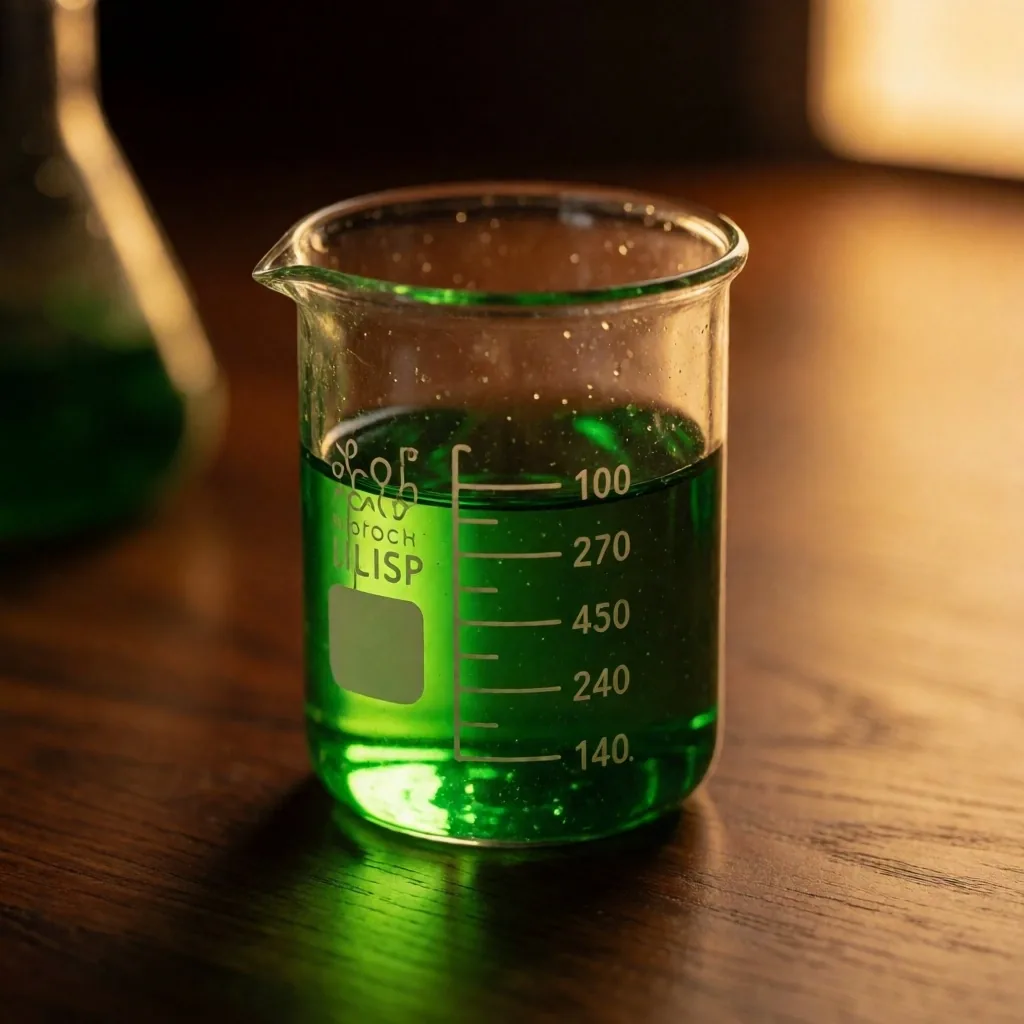 Glowing phosphor-green liquid in laboratory glassware